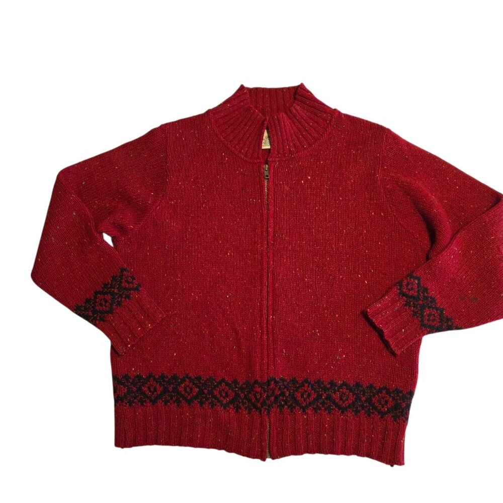 VTG Eddie Bauer Full Zip Sweater Red Fair Isle Nordic Wool Blend USA Womens Med